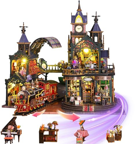 Mostop DIY Miniature Dollhouse Kit, Wooden Dollhouse Kit Miniature House Kit with LED Light,Creative Room Idea for Kids/Adults Magic House DIY Kits (Rail Track Secluded City)