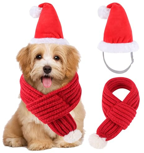 QKURT Set di Natale per Animali Domestici, Cappello di Babbo Natale 3D ed Elegante Sciarpa Lavorata a Maglia, Costume Natalizio Regolabile per Cani e Gatti di Piccola, Media e Grande Taglia