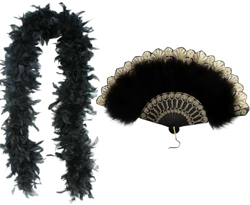 SongBuydn 2 Stück Federboa Schwarz Set, Vintage Federfächer und Federschal, 20er Jahre Kostüm Accessoires für Damen, Party, Cosplay, Hochzeit, Theater, Federboa Schwarz
