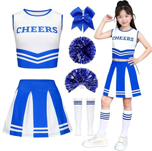 XFOZDM Deguisement Pompom Costume Cheerleader Uniforme de Pompom Sans Manche avec Pompoms Chaussettes Élastique à cheveux pour Halloween Carnaval Mascarade，Blue-120