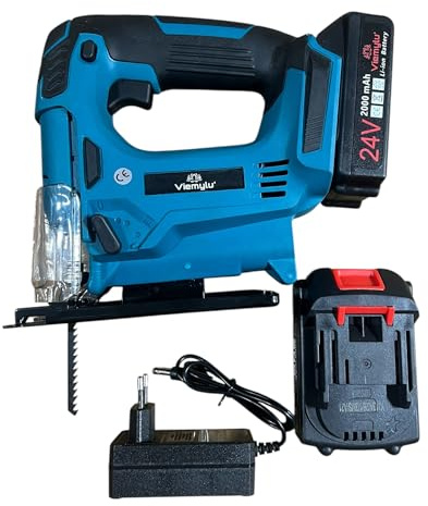 Viemylu Seghetto Alternativo 24V Taglio 0-45° con Doppio LED, Batteria 2Ah, Caricabatteria, Lama, Motore Brushless, 3500 RPM