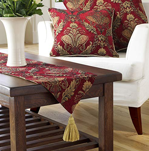 Shiraz Table Runner - Burgundy Red and Gold - Embroidered Damask Jacquard - Non Slip Lining - Tasselled - 100% Polyester - 33 x 230cm (13 x 91 inches) - Made by Riva Paoletti - Designed in the UK
