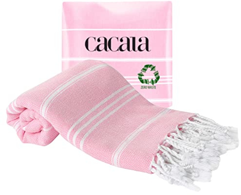 Cacala 100% Turkish Cotton Kitchen Tea Towels, Highly Absorbent Luxury Soft Quick Drying Dish Towel with Hanging Loop for Gym, Yoga, Bath, Sports, Cleaning and Kitchen (23 x 36), Sugar Pink