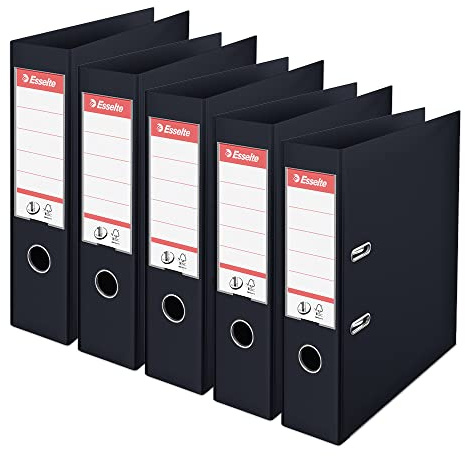 Esselte N°1 Power | Pack de 5 classeurs à levier A4 | PP | dos 75mm | 500 feuilles | Certifié FSC | Bureau, Ecole, Maison | Noir | 162570