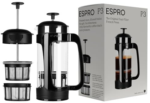 ESPRO P3 French Press – Cafetière et thé avec Double Micro-Filtre, Infusion sans Grains et sans amer, Cadre en Acier Inoxydable Robuste (Noir, 18 onces)