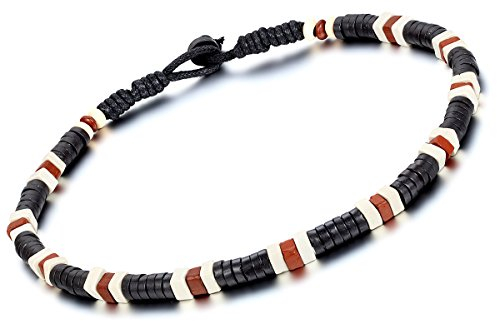 Flongo Keramik Porzellan Halskette Seil Schwarz Rot Weiss 18 Zoll Kette Retro Ethnisch Tribal Herren,Damen