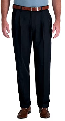 Haggar Men's Mynx Gabardine Pleat-Front Dress Pant with Hidden Expandable Waist, Navy, 34W x 31L