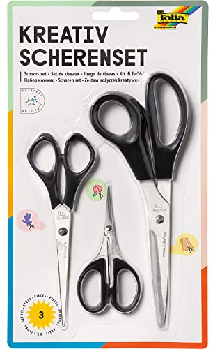 folia 778 - Kreativ Scheren Set, 3 Scheren in verschiedenen Größen, groß, mittel und filigran, mit schwarzem Griff, rostfreie Klinge, für Rechtshänder