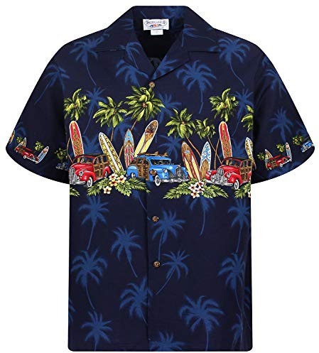 Pacific Legend Originale-Camicia-Hawaiana, Manica-Corta, Surfbretter Autos Chest-Print, Blu, L