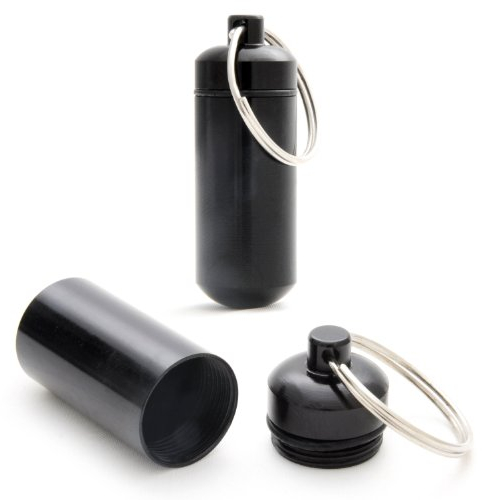 Ganzoo Pillendose, Mini-Kapsel, 2 Stück, Pillenbox, wasserdicht für Kleinteile, Aufbewahrungsbox, Schlüsselanhänger mit Schraubverschluss (Gummidichtung), Höhe: 45mm, Aluminium, Farbe: Schwarz