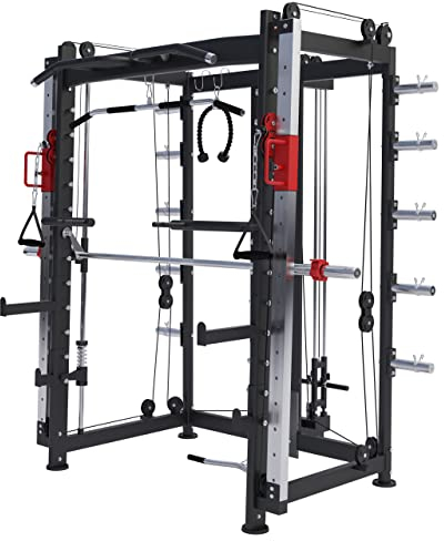 GORILLA SPORTS® Smith Maschine - mit Klimmzug, Rudern, Dip Station, Bizeps/Trizepsgriff, Langhantel und Hantelscheiben Aufnahme, Verstellbar, Stahl - Multipresse, Power Rack, Kraftstation, Power Cage