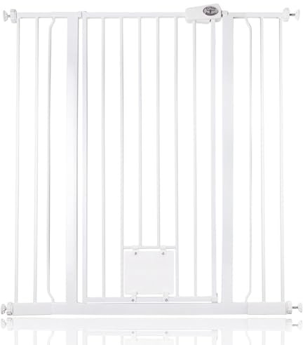 Bettacare Djurgård med Låsbar Kattlucka, 100.8 cm - 108.4 cm, Vit, 104 cm i Höjd, Extra Hög Hundskyddsbarriär med Kattlucka, Enkel Installation