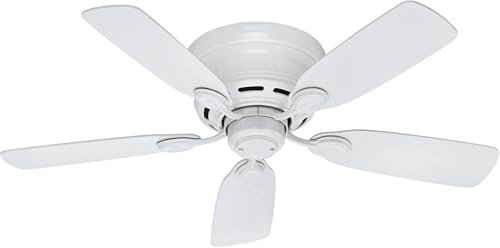Hunter 42 inch Indoor Ceiling Fan No Light - White Ceiling Fan without Light, Low Profile Flush Mount, 5 Blades, For Bedroom, Living Room, or Kitchen, Pull Chain - Low Profile IV 51059, Snow White