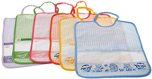 Bubabù BAV275 Lot de 6 bavoirs avec élastique à broder Amis del BOSCO Grands bavoirs en éponge coton 100% fabriqué en Italie, 29 x 32 cm, multicolore
