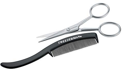 TWEEZERMAN Bartschere und Bartkamm (Moustache Scissors & Comb Set, Trimmen und Schneiden, Ergonomische Design), Silber