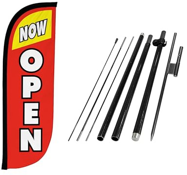 LookOurWay Feather Flag Pole Kit - 7 Feet Tall Advertising Banner with Fiberglass Pole Set and Ground Spike for Business Promotion - Open Flags - Now Open Red & Yellow