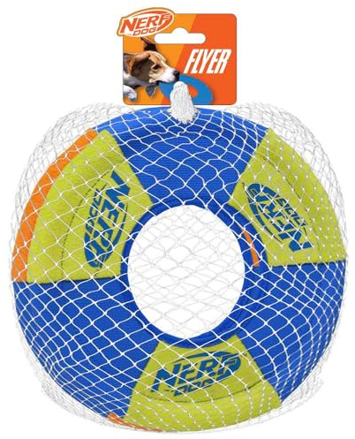 Nerf Dog Toss and Tug Ring Dog Toy, Flying Disc, Lightweight, Durable and Water Resistant, 9 Inch Diameter, For Medium/Large Breeds, Two Pack, Green and Orange