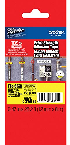 Brother TZe-S631 Labelling Tape Cassette, Black on Yellow, 12mm (W) x 8M (L), Strong Adhesive, Brother Genuine Supplies