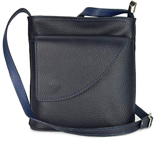 Belli italienische Ledertasche Damen Umhängetasche Handtasche Schultertasche mit zusätzlichem Klappfach in dunkelblau - 18,5x18,5x7cm (B x H x T)