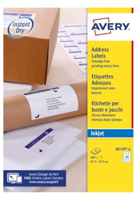 Avery Réf J8159-25 Étiquettes adresse Séchage instantané Jet d'encre 63,5 mm x 33,9 mm Blanc 24 étiquettes / feuille 600 étiquettes total (Import Royaume Uni)