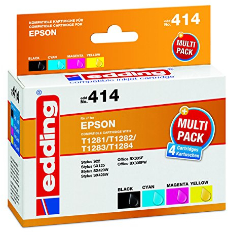 edding Druckerpatrone EDD-414 - Multipack 4 - Schwarz, Cyan, Magenta, Gelb - 1x 9 ml + 3x 6,5 ml - Reichweite 1x 200 3x 185 Seiten - Ersetzt Epson T1281/T1282/T1283/T1284