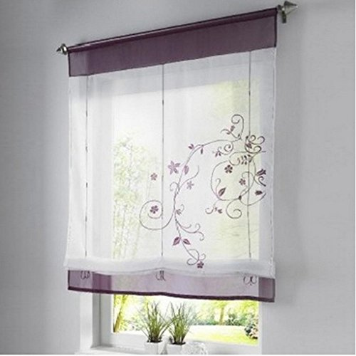 SIMPVALE 1 Pieza Cortina Romana, Púrpura 80x100cm Cortina Ventana Pequeña, Flores Bordado Transparente Visillo para Dormitorio Comedor Salón Cocina