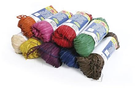 Clairefontaine 196099C - Karton mit 9 Knäuel aus natürlichem Bast 50g, zum Verpacken von Geschenken, für Einladungen, Etiketten oder Menüs, 16cm x 1,50 m, farbig sortiert, 1 Karton