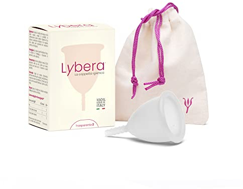 Lybera Coppetta Mestruale Made in Italy, Coppetta Mestruale Morbida, Sicura, in Silicone Medicale, Ecologica, per Igiene Intima, Comoda, Disponibile in 2 Taglie - Taglia 2, Trasparente