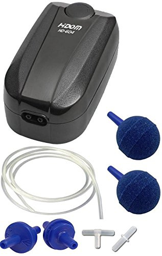 Hidom 4.5w Aquarium Adjustable Air Pump Twin Valve HD-604 with Accessories | Quiet and ideal for tanks up to 500 litres; Low 4.5w power delivering 5.4 LPM; Supplied with Air Stone, Airline & Check Valve