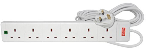 Mercury | 6 Gang Extension Lead with Surge Protection | UK Plug Socket Power Strip | 2 Metre Cable | 13A Fused | BS1363/A Certified | Neon Indicator | Wall Mountable | Home & Office | White