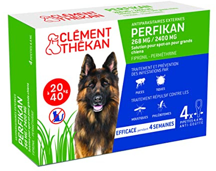 Clément Thékan Perfikan Grands Chiens (20–40 kg) – 268 mg/2400 MG – Anti-Puces, Anti-Tiques, Anti-Moustiques et Anti-Phlébotomes – Protège Jusqu’à 4 semaines – Fabriqué en France – 4 pipettes Spot on
