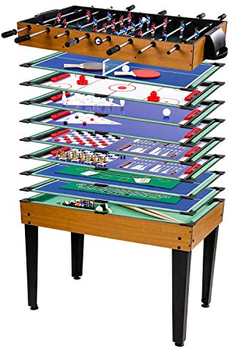 GAMES PLANET Multigame Spieletisch Mega 15 in 1, inkl. komplettem Zubehör, Spieltisch mit Kickertisch, Billardtisch, Tischtennis, Speed Hockey, Holzdekor hell
