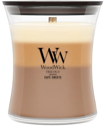 WoodWick Café Sweets Trilogy Holiday Candle Gifts for Women and Men, 9.7 oz Medium Hourglass Trilogy Candle with Crackling Wick