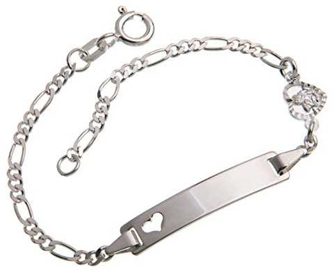 Braccialetto per neonati e bambini in argento 925, targhetta per incisione personalizzata, con un cuore e un angelo, lunghezza selezionabile 11-16 cm, Argento, cod. ABGrHerzEngelHerz/16
