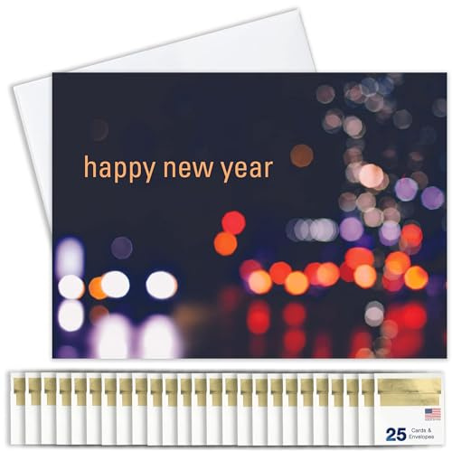 New Years Cards for Business & Family (Lights at Night) Greeting Card Set Pack of 25 Happy New Year Cards with Envelopes for 2026 (5x7 inch - A7) Great for Office, Work, Employees & Clients N1504