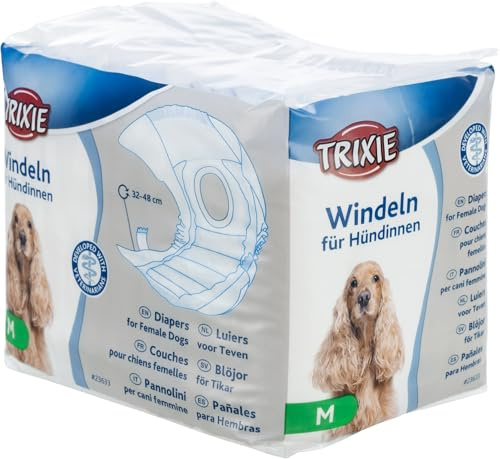 TRIXIE couches pour chiennes taille M - Couches absorbantes pour chienne en cas d’incontinence & de chaleurs - 12 pcs avec élastique pour plus de confort, tour de taille 32-48 cm