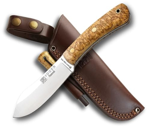 Joker Nessmuk CL136-P Jagdmesser, 11 cm Sandvik 14C28N Klinge mit Flachschliff, Birke Griff, braune Lederscheide und Feuerstein, Angeln, Jagd, Camping und Wandern Werkzeug
