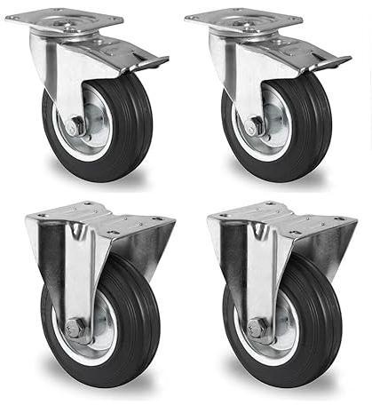 Rollensatz 2 Lenkrollen mit Feststeller + 2 Bockrollen 125 mm Vollgummi schwarz mit Stahlfelge