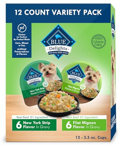 Blue Buffalo Delights Natural Adult Small Breed Wet Dog Food, Variety Pack, Made with Natural Ingredients, Filet Mignon & New York Strip Recipe in Hearty Gravy, 3.5-oz. Cups (12 Count, 6 of Each)