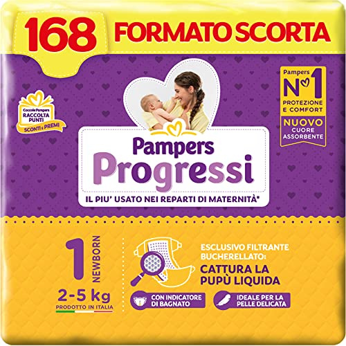 Pampers Progressi Newborn, Taglia 1 (2-5 kg), 168 Pannolini Neonato