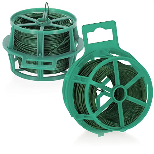 com-four® 100 Meter Bindedraht - 2 Rollen mit je 50 Meter grünem Kunststoffummantelter Draht - Pflanzendraht für Garten- und Hausarbeit