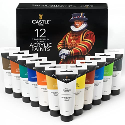 Castle Art Supplies Set de 12 Tubes de Peinture Acrylique de 75 ml | Économique pour Débutants ou Artistes | Couleurs Intenses | Application Homogène, Diverses Surfaces | Boîte de Présentation Robuste