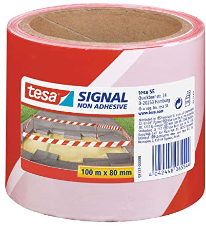tesa® Signal Absperrband - Warnband zur Absperrung, Markierung und zur Abgrenzung von Gefahrenbereichen - nicht klebend - Rot-Weiß, 100 m x 80 mm