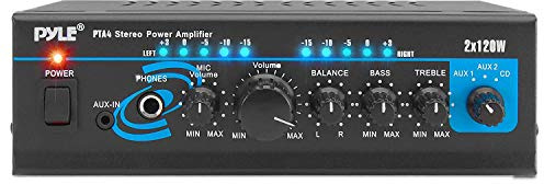 Home Audio Power Amplifier System - 2X120W Mini Dual Channel Mixer Sound Stereo Receiver Box w/ RCA, AUX, Mic Input - For Amplified Speakers, PA, CD Player, Theater, Studio Use - Pyle PTA4 Black