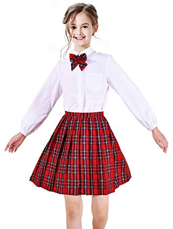 3 Piezas Uniforme Escolar Chicas Blanco Camisa Falda Collar Corbata de moño 11-12 años