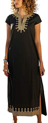 YouKD Algodón Bordado Floral Caftán Suelto Boho Beach Bikini Cover Up Vestido Tallas Grandes Loungewear para Mujeres