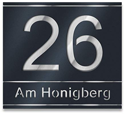 Metzler Hausnummernschild Anthrazit aus Edelstahl, individuelle Hausnummer mit ausgelaserter Hausnummer und Straßenname. Rostfrei, 3D-Effekt, inkl. Beschriftung, Made in Germany, Größe: 16 x 13,4 cm