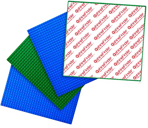 shineFinder 4 Plate Set Building Compatible With Lego Blocks, 25.5 x 25.5 cm, Peel and Stick Base for Table Top, Wall, Storage Box (2 Green + 2 Blue)