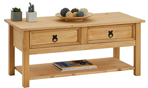 IDIMEX Couchtisch Tequila, schöner Beistelltisch mit 2 Schubladen, Wohnzimmertisch im Landhaus Stil, eleganter Sofatisch mit Ablageplatte gebeizt