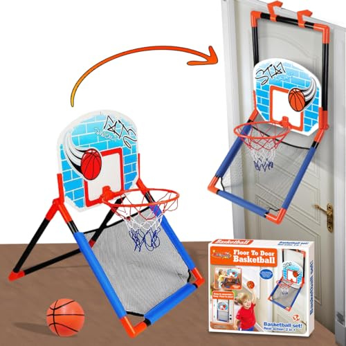 King Sport 2 in 1 Floor and Over the Door Basketball Play Set for Kids, Basketball Stand Basketball Hoop with 3 Balls for Boys and Girls, Net and Pump, Outdoor and Indoor Sport